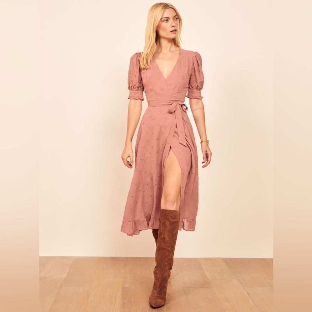 Reformation Annalise Dress Wrap XS pink Embroidered